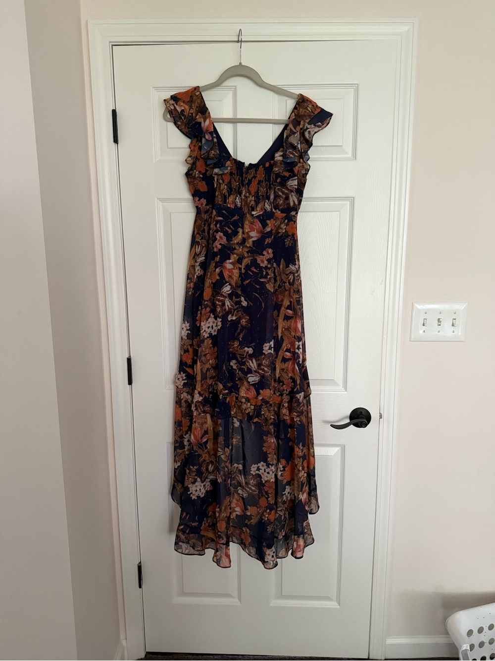 Lulu's Navy Floral High-Low Ruffle Dress with Rust and Cream Blooms - Picture 2 of 6